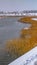 Clear Vertical Homes near a lake with snowy and grassy shore