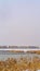 Clear Vertical Panorama of a lake in Daybreak with snow blanketing the grass lined shore