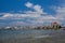 Clear waters of Mediterranean sea and a beautiful view of Aegina town in Aegina island, Saronic gulf, Greece