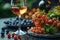 a clear wine glass surrounded by ripe grapes.