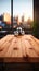 Clear wooden table, modern office background, an ideal space to showcase products