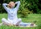 Clear your mind. Girl meditate on rug green grass meadow nature background. Find minute to relax. Woman relaxing