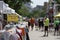 Clearance rack of clothes at street fair in summer