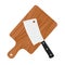 Cleaver, butcher`s sharp knife for chopping meat with cutting board