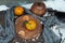 Clementines tangerines  as Christmas decor over snow background