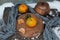 Clementines tangerines  as Christmas decor over snow background