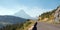 CLEMENTS MOUNTAIN AT THE TOP OF LOGAN PASS ON THE GOING TO THE SUN HIGHWAY UNDER CIRRUS CLOUDS IN GLACIER NATIONAL PARK USA