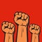 Clenched fists raised in protest. Three human hands raised in the air. Vector illustration.