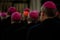 Clerics in the amaranth zucchetto praying during the mass in the chapel