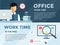 Clerk in office infographic. Work, time, loupe and
