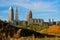 Cleveland Ohio skyline across a meadow