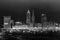 The Cleveland skyline in black and white at night