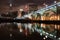 The Cleveland skyline and the Cuyahoga River at night