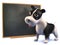Clever black and white puppy dog in 3d is learning at the blackboard