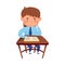 Clever Boy Sitting at Desk at School Lesson and Reading Copy-book Vector Illustration