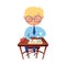 Clever Boy Sitting at Desk at School Lesson and Writing in Copy-book with Pen Vector Illustration