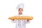 Clever serious chef girl in a cap cook uniform, holding the long loaf of bread horizontally. Looking at the camera