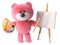 Clever teddy bear with cuddly pink fur is an artist with paintbrush palette and easel, 3d illustration