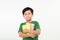 Clever young boy with books on the white background