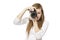 Click! Female photographer is shooting you. Young beautiful woman taking images