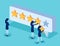 Clients choosing satisfaction rating and leaving positive review. Character and five star feedback. Flat isometric vector style