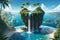 Cliff-Hanging Floating Island Featuring an Infinity Swimming Pool Surrounded by Lush Tropical Flora