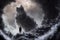 A cliff looking like giant wolf, warg Fenrir, looking at you trough snow covered trees in the northern forest at