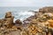 Cliff Rocks, Foggy Landscape of Portugal. Rocky ocean shore