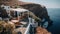 A cliff side rustic greek taverna overlooking the ocean. AI generative image.