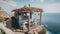 A cliff side rustic greek taverna overlooking the ocean. AI generative image.