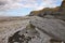The cliffs at Kilve beach near East Quantoxhead in Somerset, England. Stratified layers of rock date back to the Jurassic era and