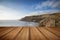 Cliffs landscape stretching out to sea with wooden planks floor