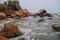 Cliffs rocks along coast. Sharp stones