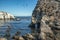 Cliffs, Rocks, Arches, and Flock of Birds. Shell Beach Area of Pismo Beach, California