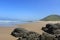 Cliffs on a sand beach, african landscape in the eastern cape, south africa, wild coast, lubungula