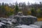 Cliffs and small swamp on top of mount Vottovaara with stones and dead trees, Karelia, Russia