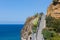 Cliffs with staircase at coast of Madeira, Portugal