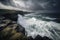 clifftop view of crashing waves and stormy sky