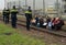 Climate activists with banners blocking the rail tracks during protest action against the transport and usage of coal