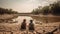 Climate change Children looking at drying river after Drought impact on summer.