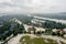 Climate change and the effects of global warming. Flooded village, farms and fields after heavy rains. Environmental natural