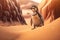 Climate change, global warming, environmental disaster concept. Northern penguin in desert