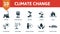 Climate Change icon set. Collection contain sapling, ecology, world melting, flood and over icons. Climate Change elements set