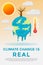 climate change vertical poster banner vector illustration. melted earth with sun, dead tree, dark cloud, and weather thermometer