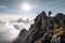 climber ascending mountainside, with view of the clouds and sky