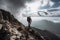 climber ascending mountainside, with view of the clouds and sky