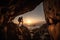 climber ascending an overhanging rock face, with glimpse of the sunset in the background