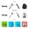 Climber on conquered top, coil of rope, knife, hammer.Mountaineering set collection icons in black, flat, monochrome