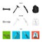 Climber on conquered top, coil of rope, knife, hammer.Mountaineering set collection icons in black,flat,outline style