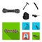 Climber on conquered top, coil of rope, knife, hammer.Mountaineering set collection icons in black, flat style vector